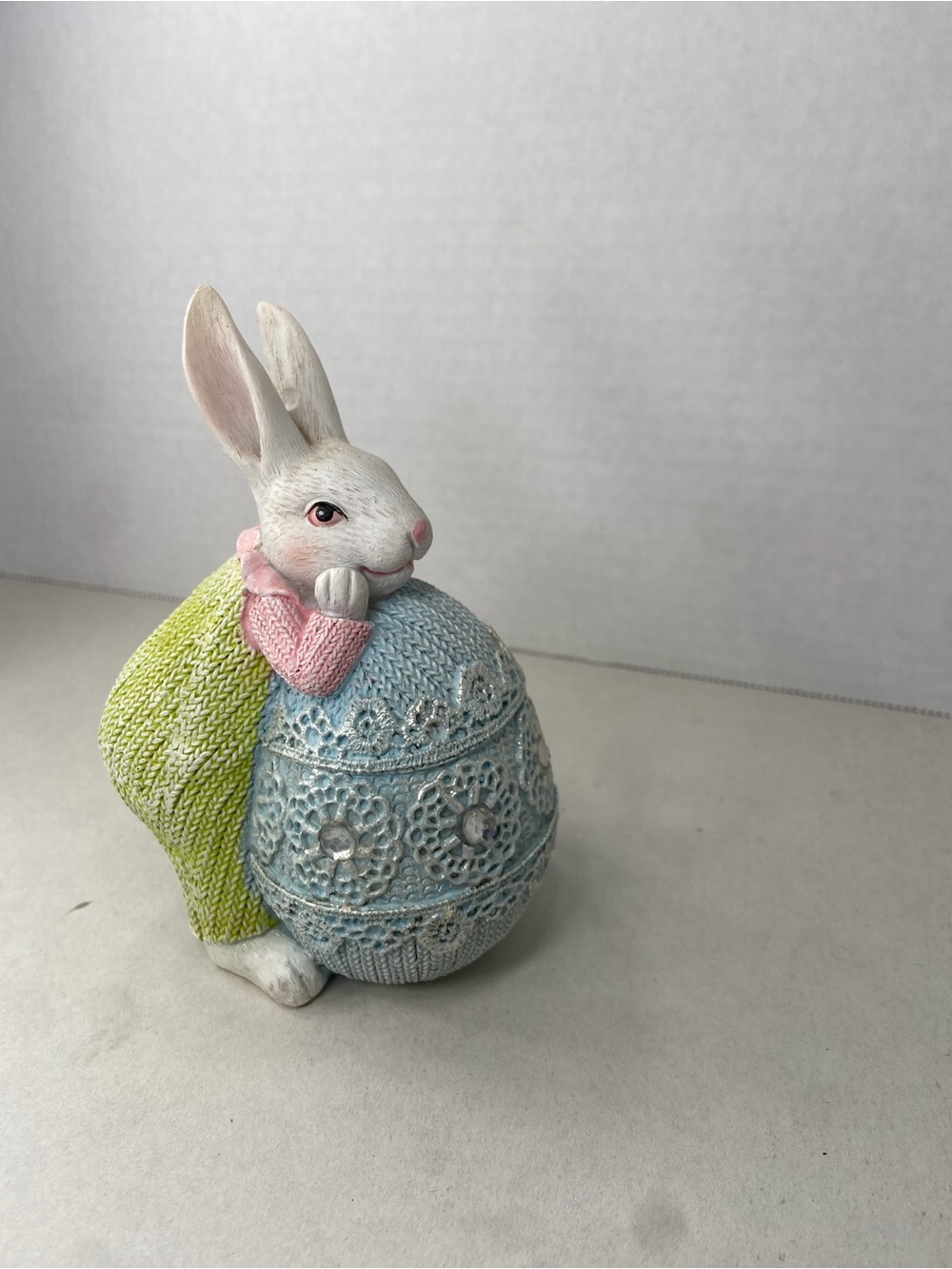 Easter Bunny Figurine Pastel Blue Lace Knit Egg Rhinestone Gem Resin Decor - Picture 6 of 7